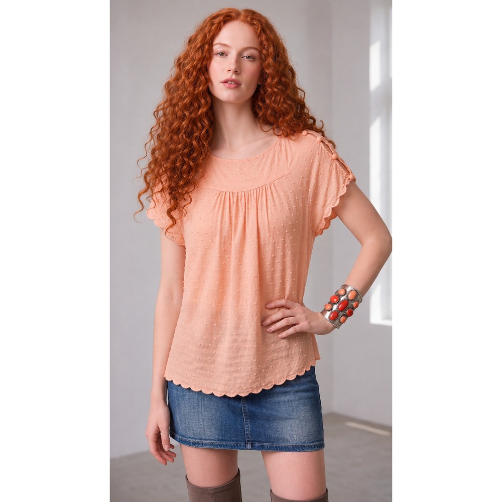 Maeve Anthropologie Peach SwissDot Scalloped Hem Top Romantic Soft Girl Coquette